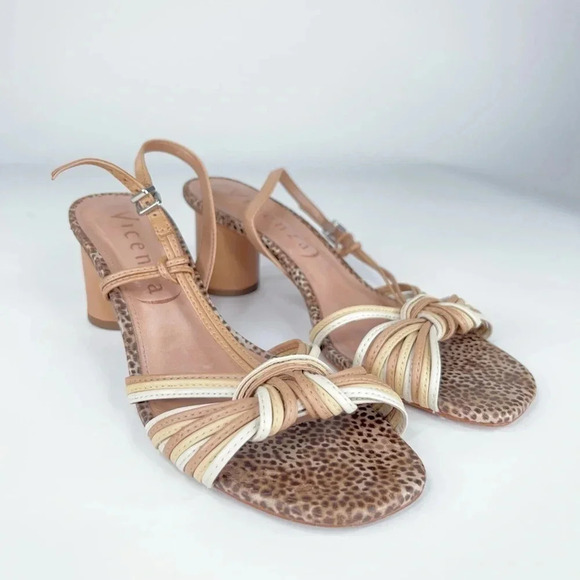 Vicenza Anthropologie Cream Neutral Slingback Heeled Sandals Leather Round Heel - Picture 4 of 14